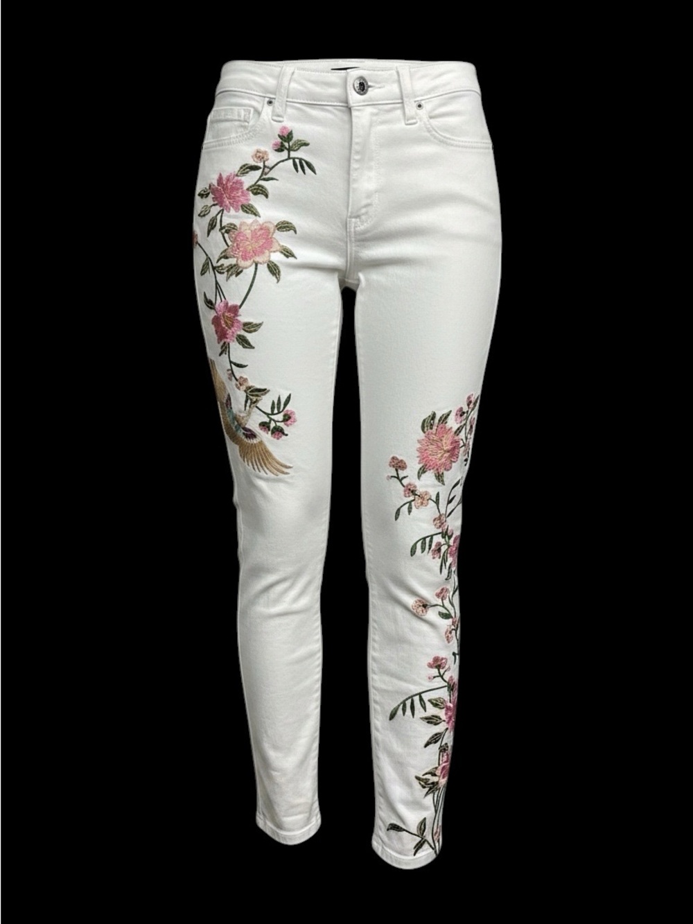 Nanette Lepore White Hight Rise Astor Skinny Jeans with Floral & Bird Embroidery